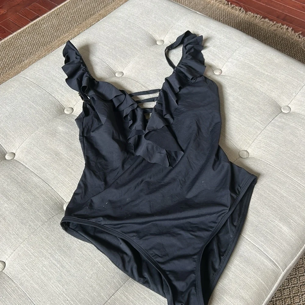 Bleu Rod Beattie Black Ruffle One Piece‎ Swim Size 12